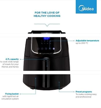 Midea 4.7L XL Digital Air Fryer 1500W with Dual Cyclone Rapid Hot Technology for Frying, Grilling, Broiling, Roasting, Baking, Toasting, Timer up to 60 minutes Temperature Control up to 200°C-MFCN40D2