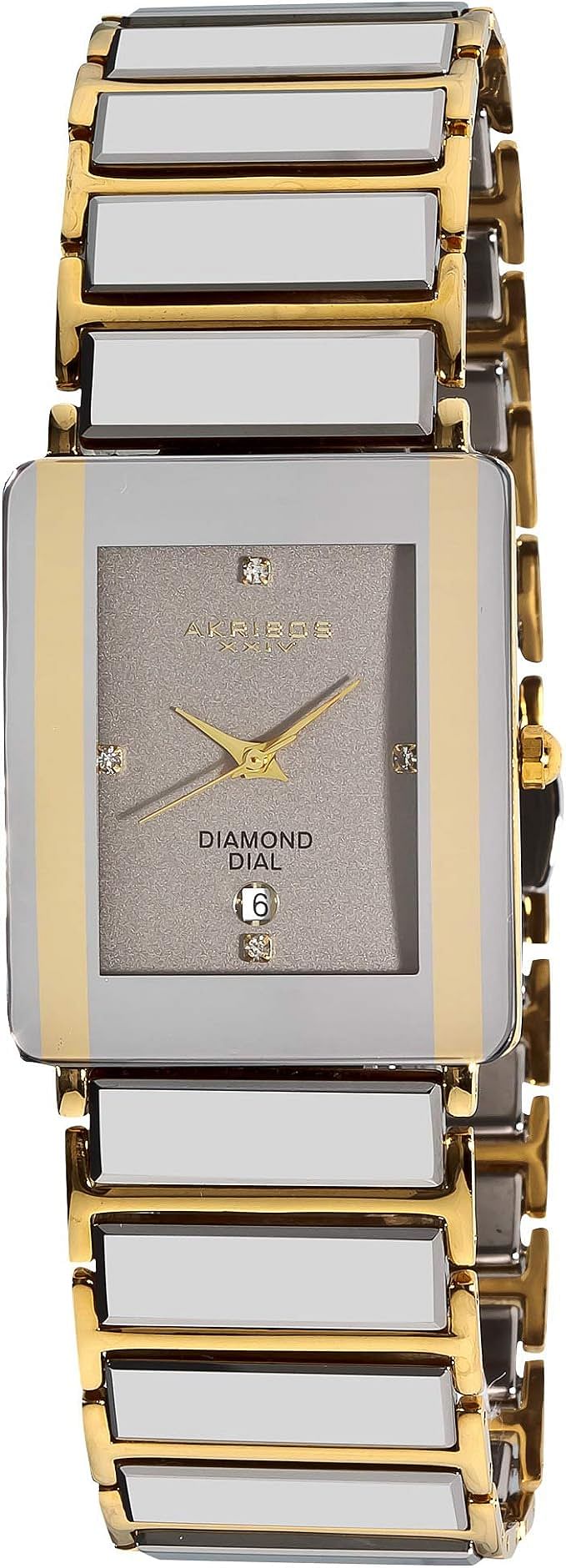 Akribos XXIV Men's Ceramic Tank Watch - Gold and Silver Mirror Effect Bezel - Silver Rectangle Glossy Dial -  AK521YG