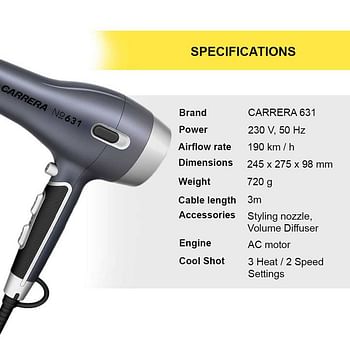Carrera 631 Professional Hair Dryers For Men & Women - Ac 2400W - Silver
