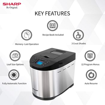 Sharp 600W Table-Top Bread Maker with Fully Automatic Function, 12 Pre-Programmed Menus and Adjustable Browning, 1.5LB - Silver