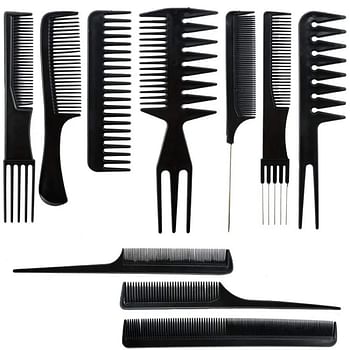 High Quality Long Steel anti-static professional 10pcs comb set oil head comb plastic parting comb set for salon Black