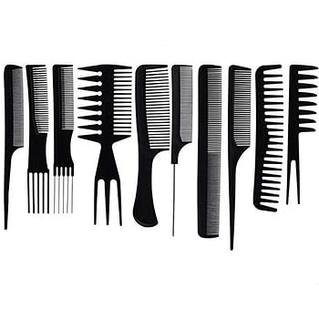 High Quality Long Steel anti-static professional 10pcs comb set oil head comb plastic parting comb set for salon Black