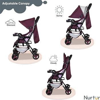 Nurtur Ryder Ultra Compact Lightweight Baby Travel Stroller with Storage Basket, Detachable Food Tray, Reclining Seat and Leg Rest, 0-36 Months, Official Product - Burgundy