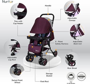 Nurtur Ryder Ultra Compact Lightweight Baby Travel Stroller with Storage Basket, Detachable Food Tray, Reclining Seat and Leg Rest, 0-36 Months, Official Product - Burgundy