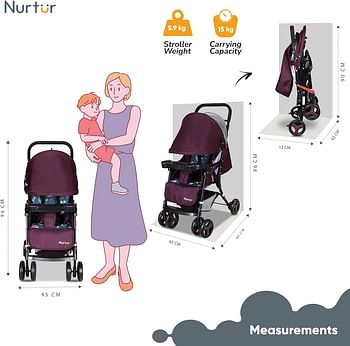 Nurtur Ryder Ultra Compact Lightweight Baby Travel Stroller with Storage Basket, Detachable Food Tray, Reclining Seat and Leg Rest, 0-36 Months, Official Product - Burgundy