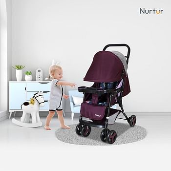 Nurtur Ryder Ultra Compact Lightweight Baby Travel Stroller with Storage Basket, Detachable Food Tray, Reclining Seat and Leg Rest, 0-36 Months, Official Product - Burgundy