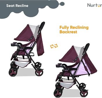 Nurtur Ryder Ultra Compact Lightweight Baby Travel Stroller with Storage Basket, Detachable Food Tray, Reclining Seat and Leg Rest, 0-36 Months, Official Product - Burgundy