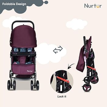 Nurtur Ryder Ultra Compact Lightweight Baby Travel Stroller with Storage Basket, Detachable Food Tray, Reclining Seat and Leg Rest, 0-36 Months, Official Product - Burgundy