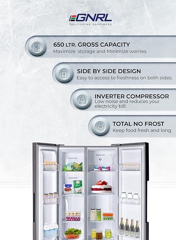 EGNRL 650 Liters Side By Side Inverter Based Refrigerator-Freezer ‎With Digital Control And Temperature Display, No-Frost, LED-light EGR820S Inox