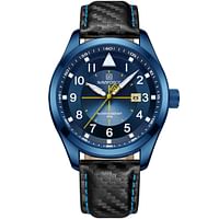نافي فورس 8022 ساعة يد رجال الأعمال  تاريخ تلقائي ساعة كوارتز رياضية من الجلد الطبيعي باللون الأسود 44 ملم - أزرق
