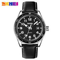 SKMEI 9232 Genuine Leather Strap Watch Wrist Designer for men - Black Strap and Black And White Dial