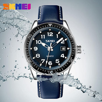 SKMEI 9232 Stainless Steel Buckle Glass Mirror Waterproof Resistant Quartz Watch - Silver Shell Blue Surface