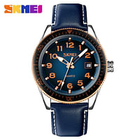 SKMEI 9232 Genuine Leather Strap Watch Wrist Designer for men - Blue Strap and Blue And Orange Dial