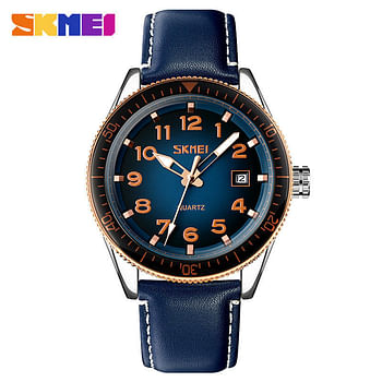 SKMEI 9232 Genuine Leather Strap Watch Wrist Designer for men - Blue Strap and Blue And White Dial