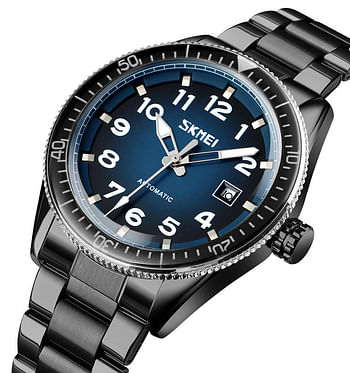 SKMEI 9232 Stainless Steel Buckle Glass Mirror Waterproof Resistant Quartz Watch - Black Shell Blue Surface