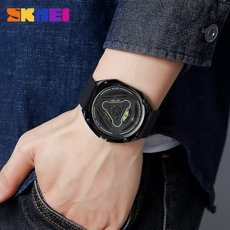 SKMEI 2107 Quartz Square Men Watch creative design For Men - Strap Black and Black and Green Dial