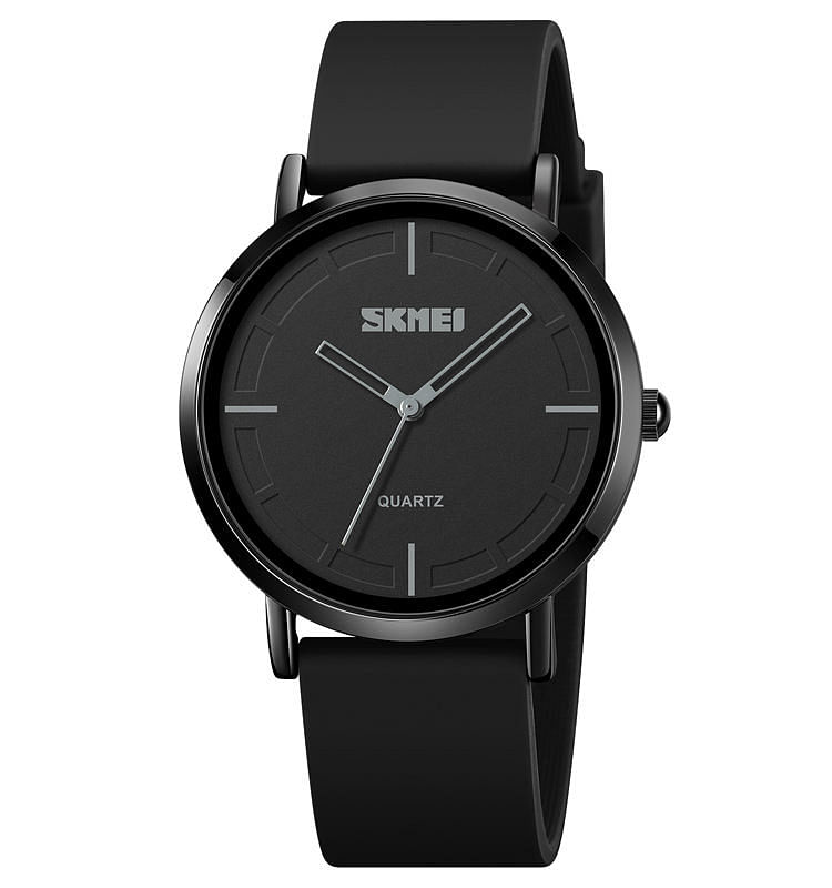 Skmei 2050 silica gel slim wrist watches analog quartz for men - Black Strap and Black Dial