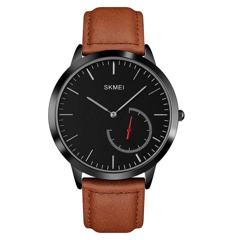 SKMEI 1676 Fashion colorful quartz japan movement pc21 classic Slim Leather Waterproof Men Watch- Brown\Black