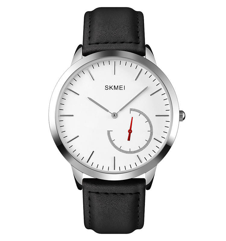 SKMEI 1676 Fashion colorful quartz japan movement pc21 classic Slim Leather Waterproof Men Watch- Black\White