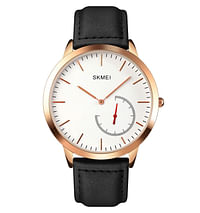 SKMEI 1676 Fashion colorful quartz japan movement pc21 classic Slim Leather Waterproof Men Watch- Black\Rose Gold\White