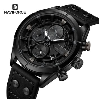 ساعة نافيفورس NF8045 للرجال كرونويليت مقاومة للماء بنمط عمل فاخر وحزام جلدي 44 ملم- أسود