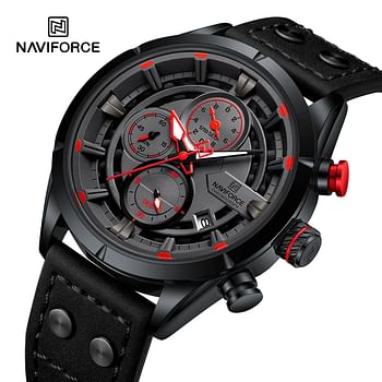 Naviforce NF8045 Men's Watch Chronoelite Waterproof Luxury Business Style Leather Strap 44MM - Black