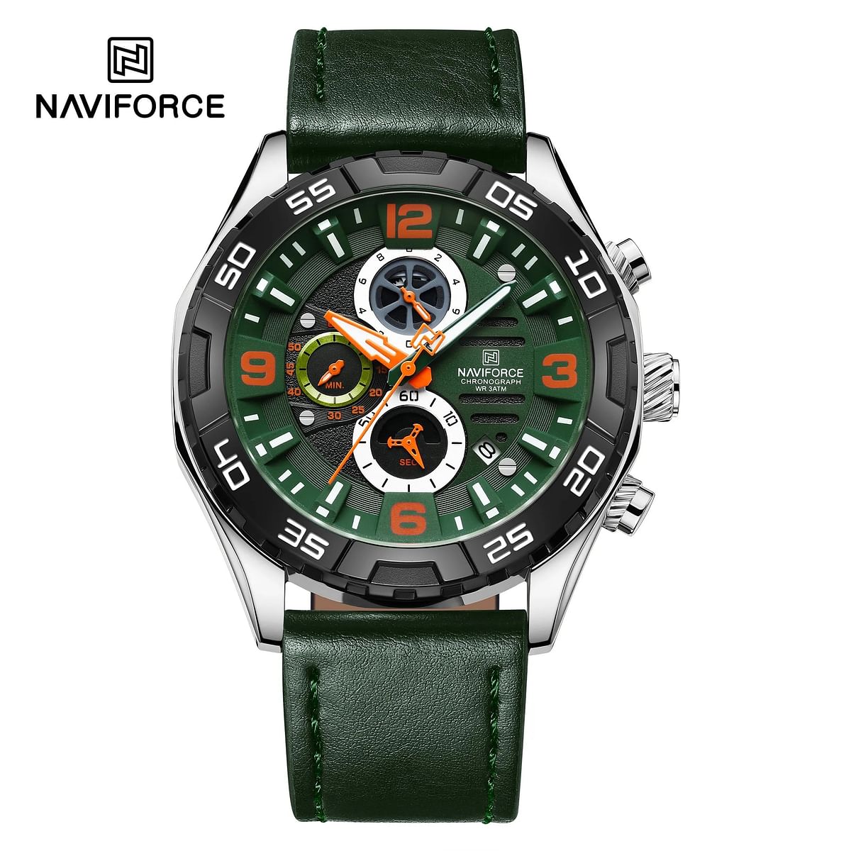 NAVIFORCE NF8043 CHRONOGLIDE Men’s Watch Waterproof Luxury Style with Leather Strap - 46MM - Green and Silver