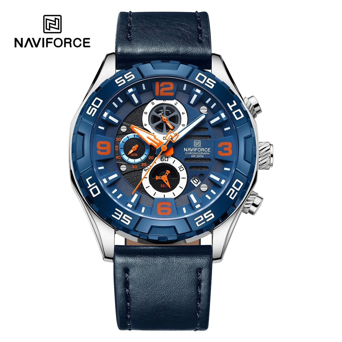 NAVIFORCE NF8043 CHRONOGLIDE Men’s Watch Waterproof Luxury Style with Leather Strap - 46MM - Blue And Silver