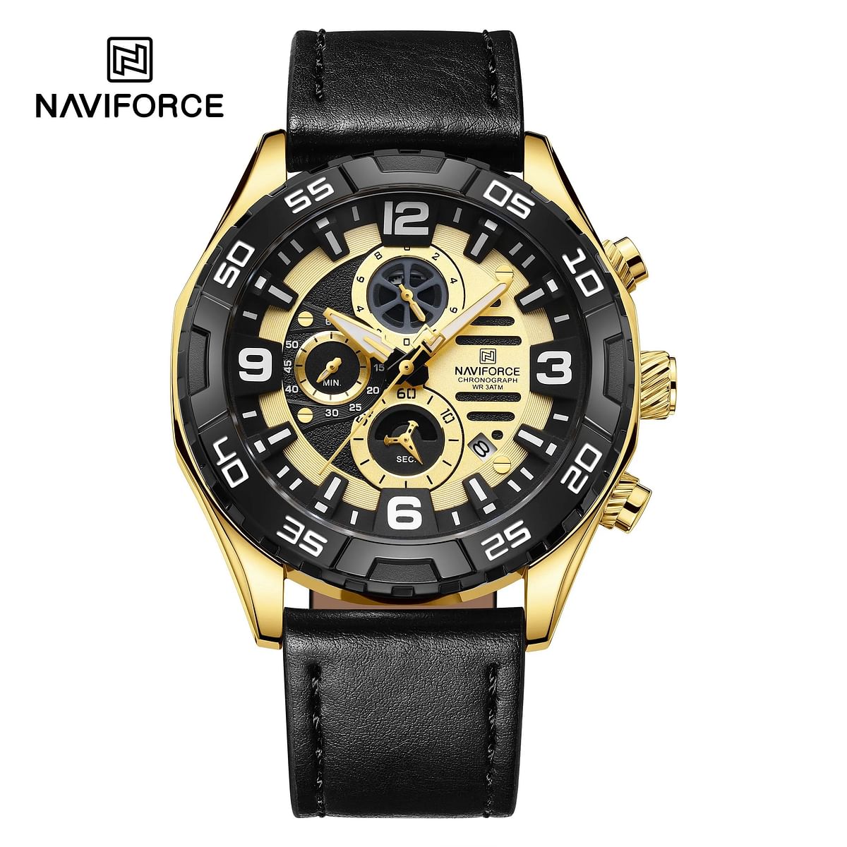 NAVIFORCE NF8043 CHRONOGLIDE Men’s Watch Waterproof Luxury Style with Leather Strap - 46MM - Black And Gold