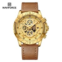 NEW NAVIFORCE 8055 CHRONOCREST Men's Watch Business Style with Leather Straps 47 mm- Brown, Gold