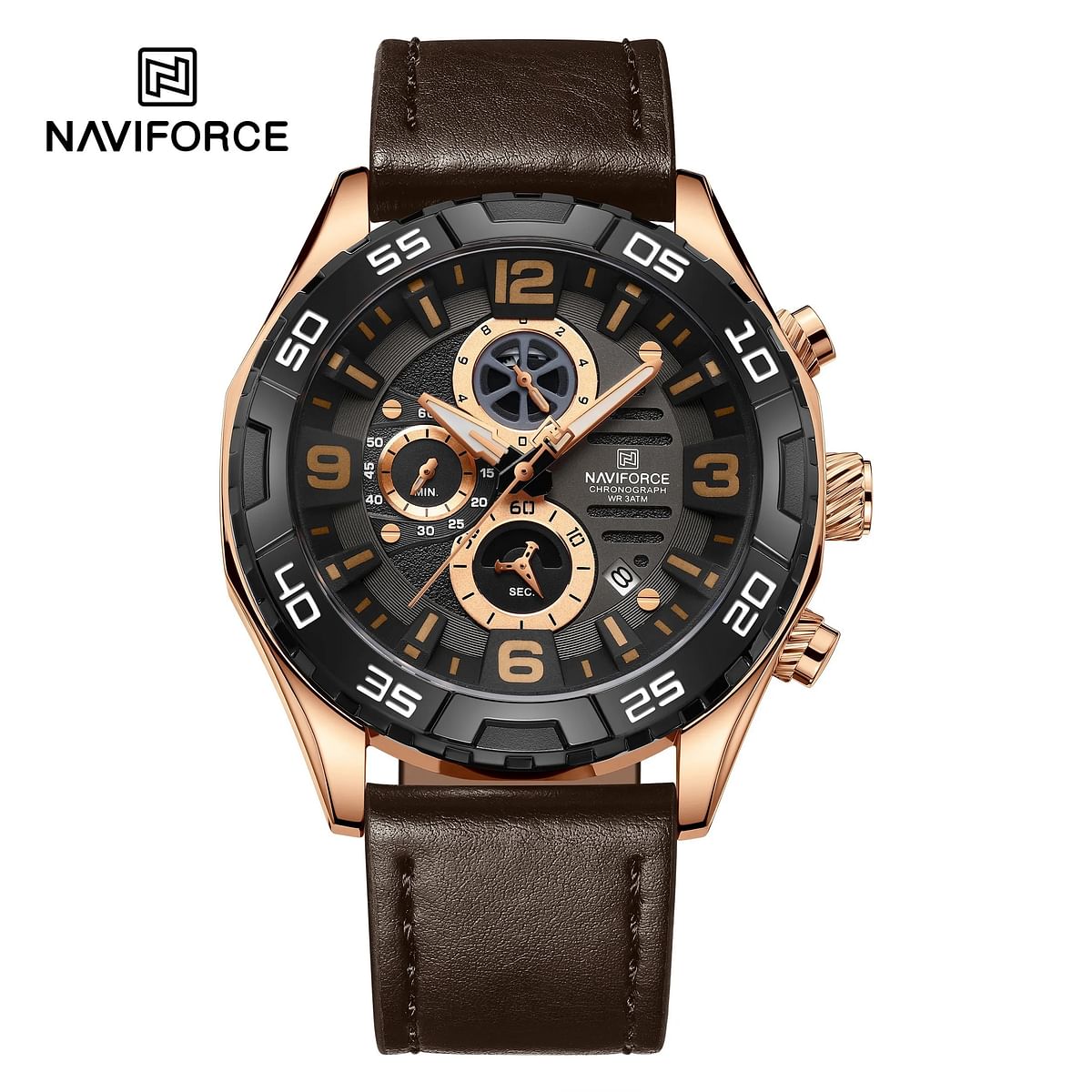 NAVIFORCE NF8043 CHRONOGLIDE Men’s Watch Waterproof Luxury Style with Leather Strap - 46MM - Rose Gold And Brown