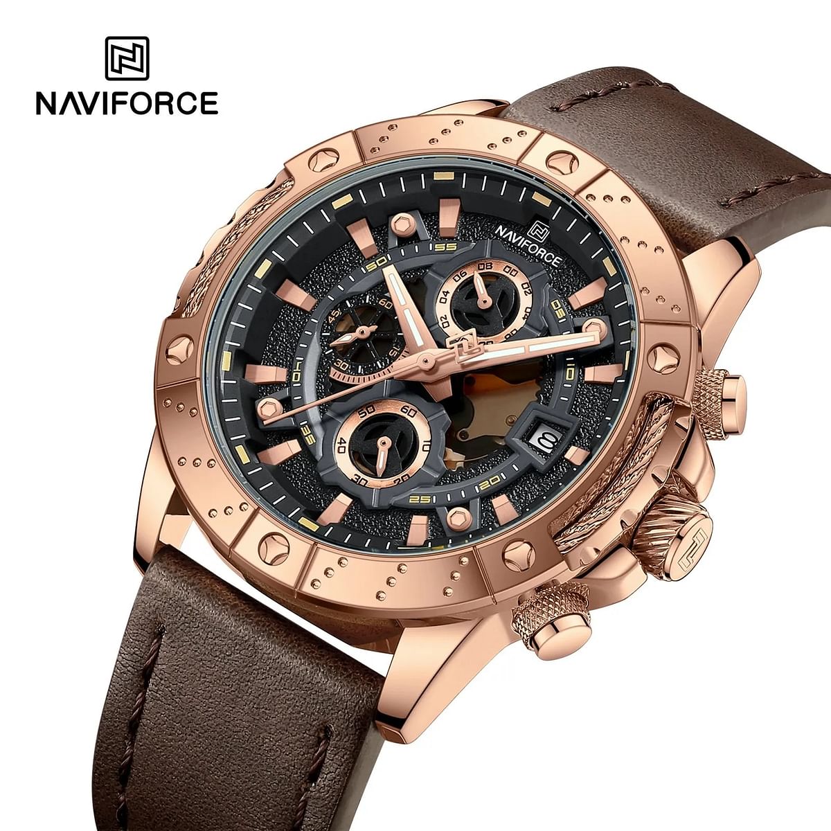 NEW NAVIFORCE 8055 CHRONOCREST Men's Watch Business Style with Leather Straps 47 mm - Brown, Rose Gold