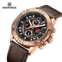 NEW NAVIFORCE 8055 CHRONOCREST Men's Watch Business Style with Leather Straps 47 mm - Brown, Rose Gold