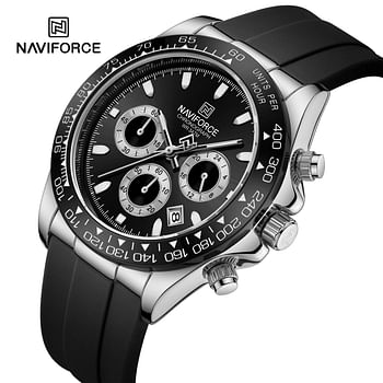 NAVIFORCE NF8054 Watch For Men Silicone Band Chronograph Luminous Wristwatch 42.5 mm-Silver And Black
