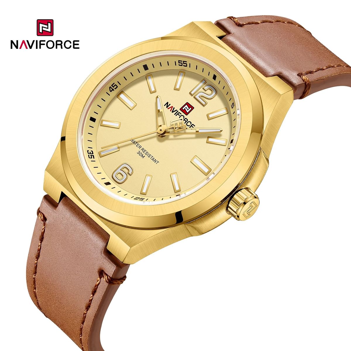 NAVIFORCE 9233 Commander Edition Wristwatch for Men's with PU Leather Strap 40mm - Brown, Gold