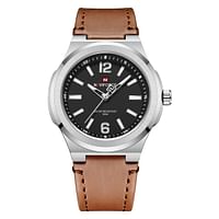 NAVIFORCE 9233 Commander Edition Wristwatch for Men's with PU Leather Strap 40mm - Brown, Silver