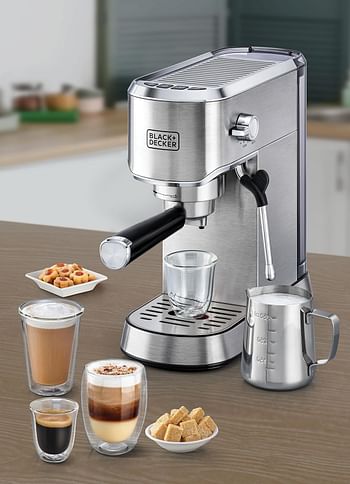 BLACK+DECKER ECM150-B5 Manual Barista Pump Espresso Coffee Machine 1450W - Silver