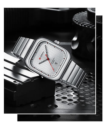 ساعة كورين 8460 للرجال ستانلس ستيل بمينا مربعة الشكل مع تقويم للأعمال 36 ملم - فضي