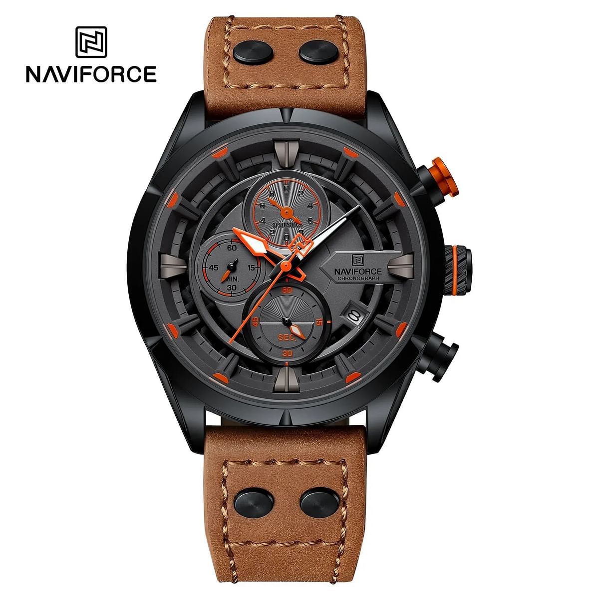 Naviforce NF8045 Men's Watch Chronoelite Waterproof Luxury Business Style Leather Strap 44MM - Brown