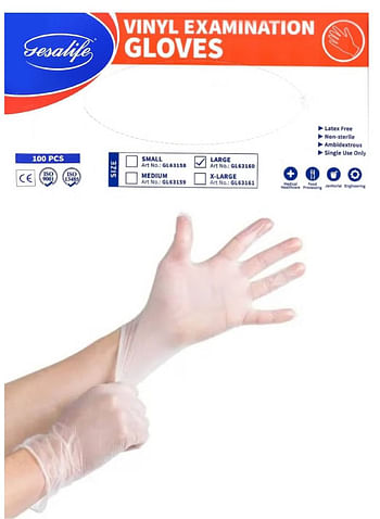 Gesalife Powder Free Vinyl Disposable Clear Gloves Large 100 Pcs