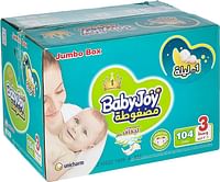 BabyJoy Compressed Diamond Pad Diaper, Size 3, Medium, 6-12 Kg, Jumbo Box, 104 Diapers