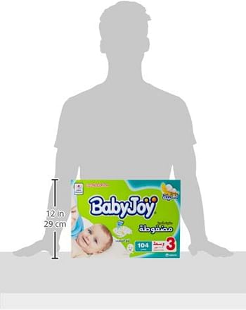 BabyJoy Compressed Diamond Pad Diaper, Size 3, Medium, 6-12 Kg, Jumbo Box, 104 Diapers