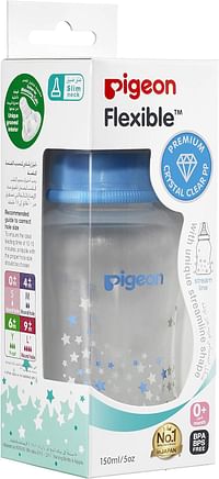 Pigeon Streamline Slim Neck Plastic Decorated Bottle, Ultra-Soft Silicone Nipple, Anti-Colic, Bpa & Bps Free, Blue/Pink, 150Ml, Assorted Color