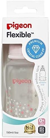 Pigeon Streamline Slim Neck Plastic Decorated Bottle, Ultra-Soft Silicone Nipple, Anti-Colic, Bpa & Bps Free, Blue/Pink, 150Ml, Assorted Color