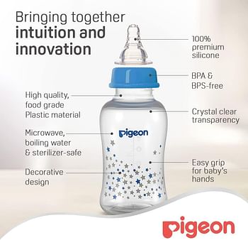 بيجين زجاجة بلاستيكية مزخرفة برقبة رفيعة من ستريملاين، حلمة سيليكون فائقة النعومة، مضادة للمغص، خالية من BPA وBPS، ازرق/بينك، 150 مل، الوان متنوعة