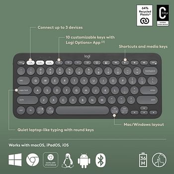 Logitech Pebble Keys 2 K380s, Multi-Device Bluetooth Wireless Keyboard with Customisable Shortcuts, Slim and Portable, Easy-Switch for Windows, macOS, iPadOS, Android, Chrome OS, ARA Layout - Graphite