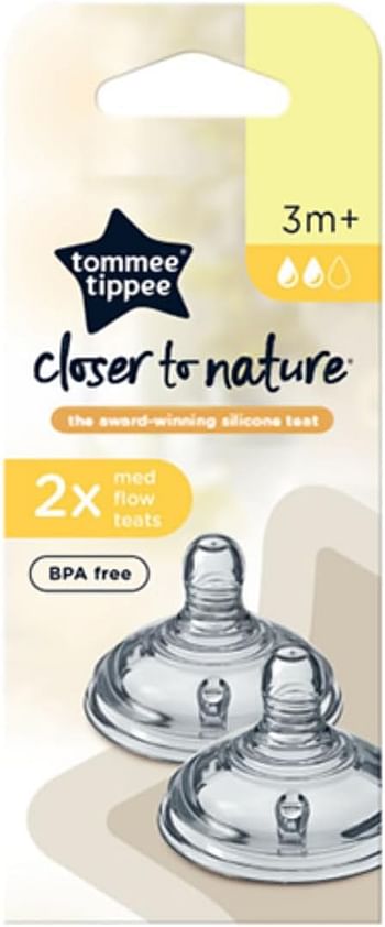 Tommee Tippee TT42212010 Closer Nature Medium Flow Teats, 3+ Months, 2 Pack - Clear