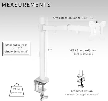 VIVO Single Monitor Arm Desk Mount, Holds Screens up to 32 inch Regular and 38 inch Ultrawide, Fully Adjustable Stand with C-Clamp and Grommet Base, VESA 75x75mm or 100x100mm, White, STAND-V001W