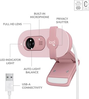 Logitech Brio 100 Full HD Webcam for Meetings and Streaming, Auto-Light Balance, Built-In Mic, Privacy Shutter, USB-A, for Microsoft Teams, Google Meet, Zoom and More - Rose