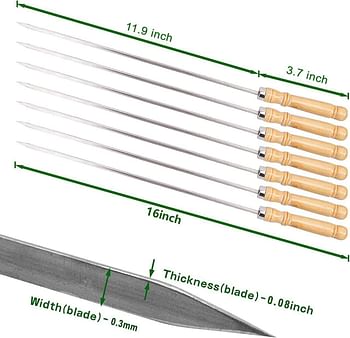 MARKQ BBQ Skewers, 40 cm Stainless Steel Kebab Skewer with Wooden Handle for Roasting Barbecue Grilling Camping Bonfire, 12 Pieces